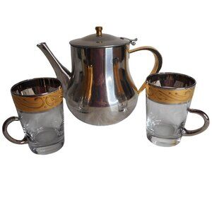 CulinArt Stainless Steel Coffee Tea Pot  Server Pitcher w glass gold accent cups